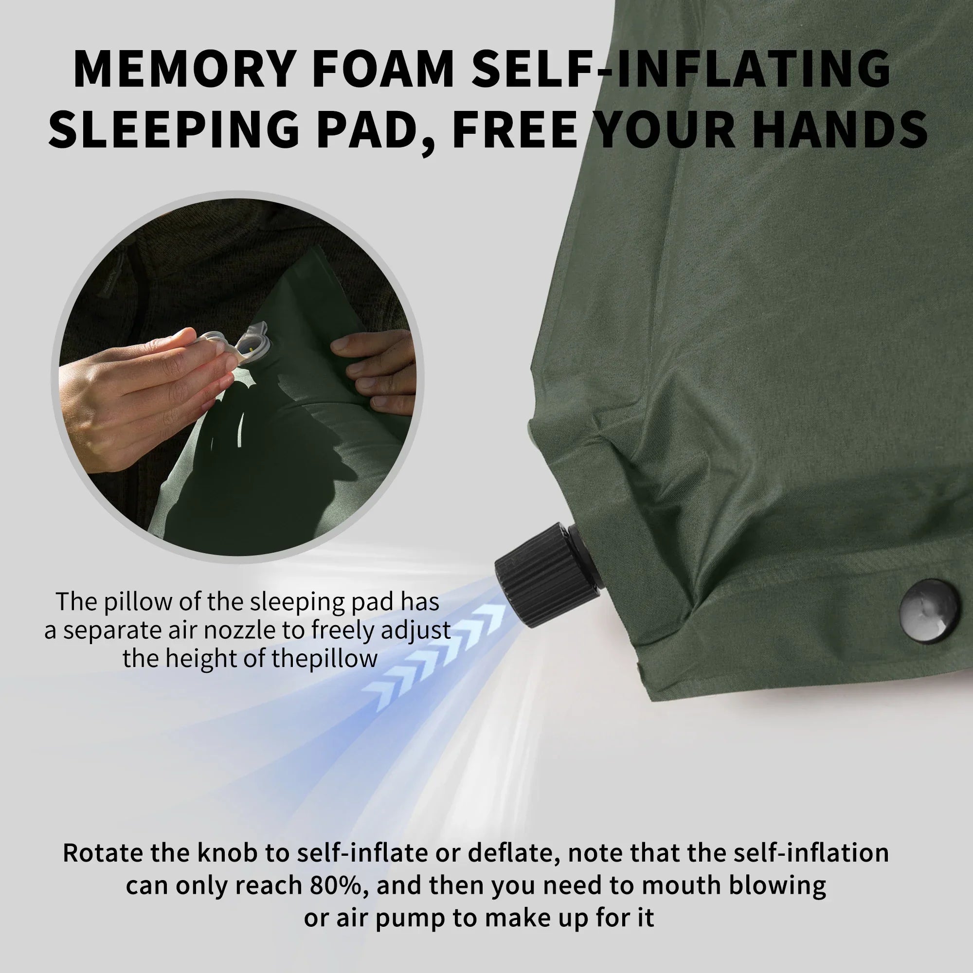10cm Thick Self-Inflating Double Mattress with Pillow Green