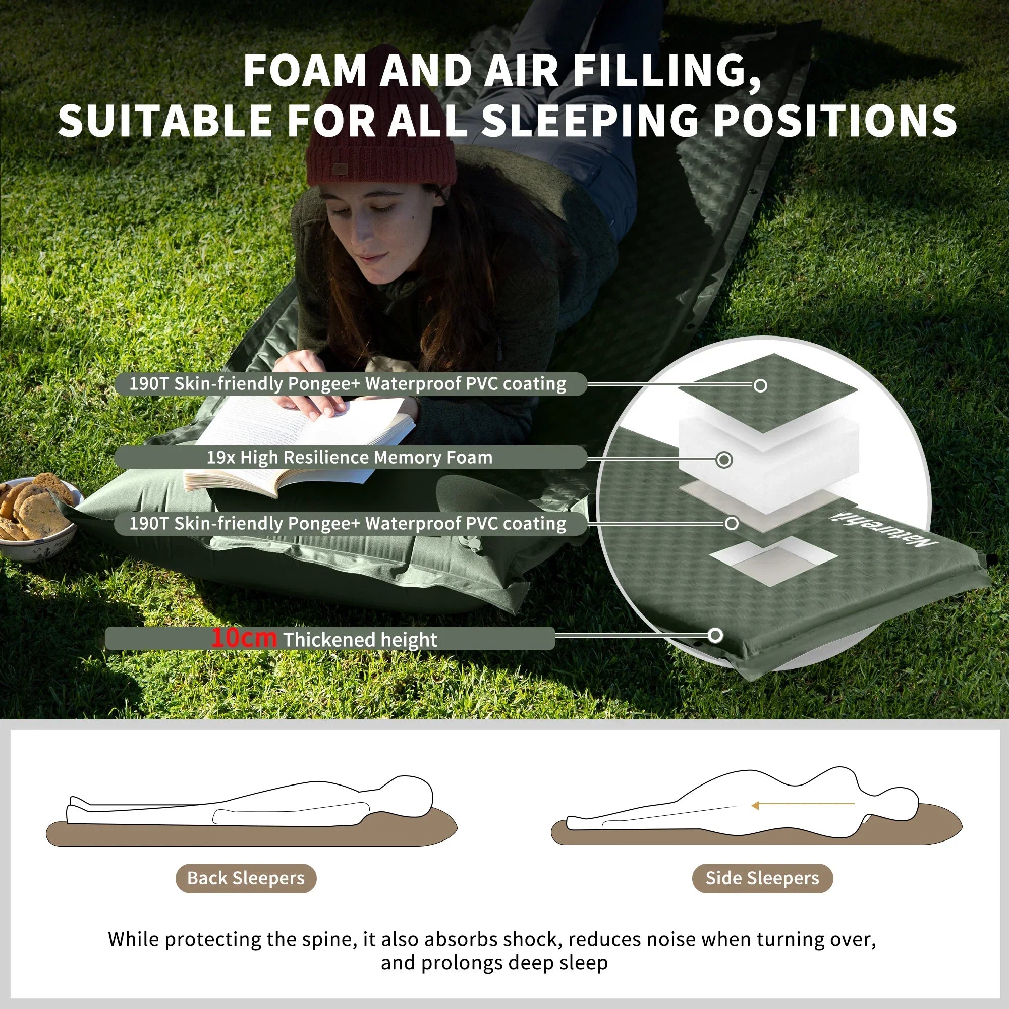 10cm Thick Self-Inflating Double Mattress with Pillow Green
