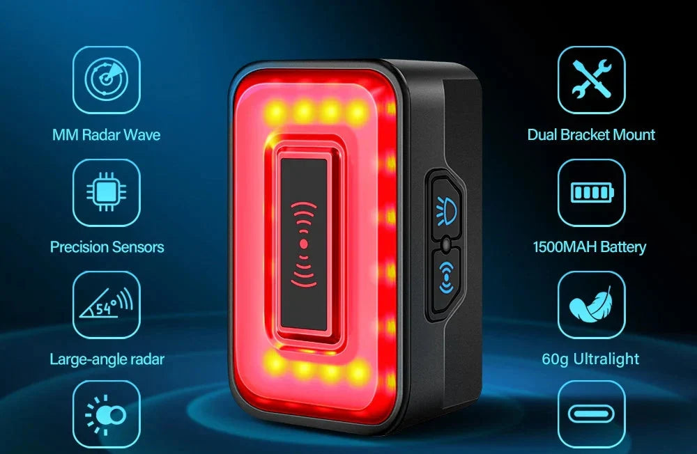 Smart Radar Bicycle Tail Light Brake Sensing Black