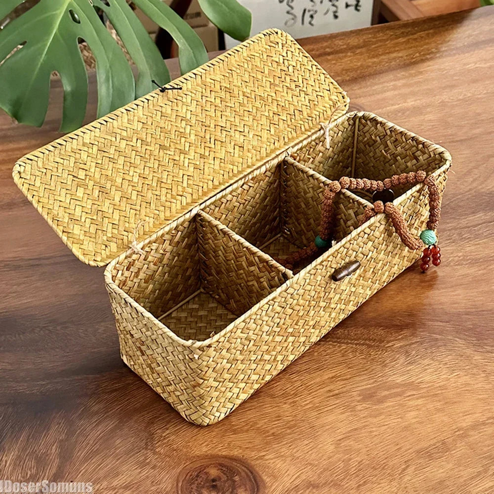 Multi-Purpose Seagrass Storage Basket With Lid And Sections